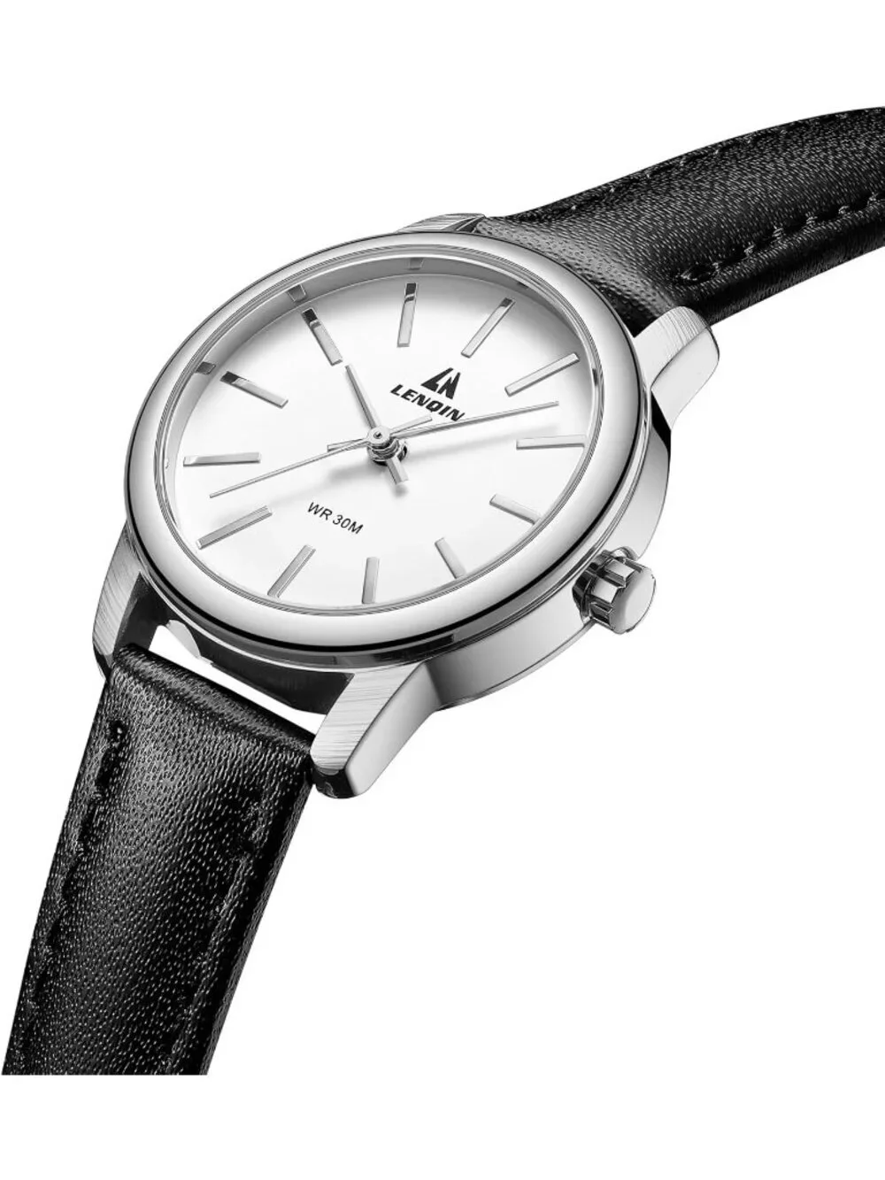 Ln Lenqin Womens Black Silver Analog Quartz Leather Strap Waterproof Wrist Watch